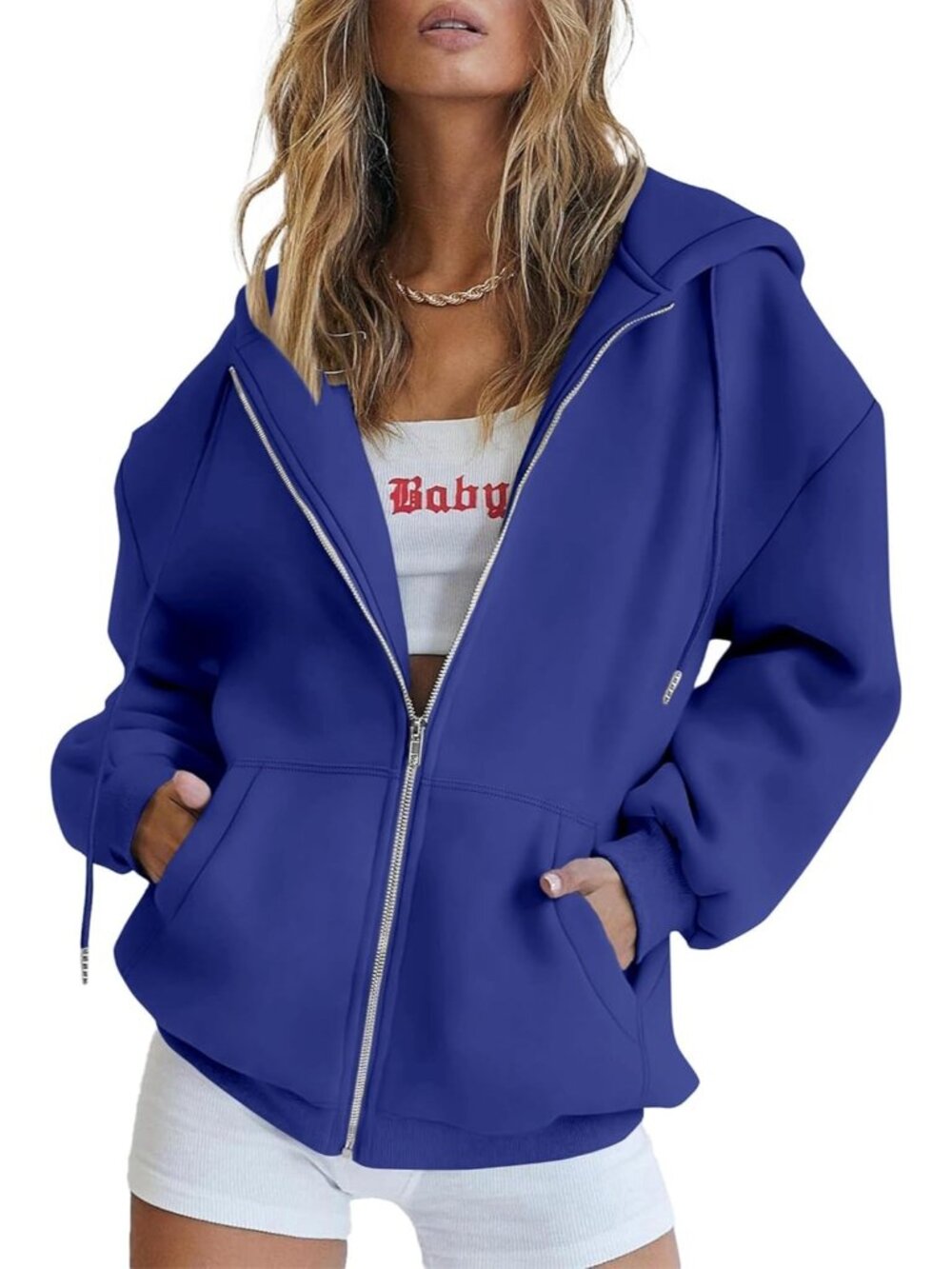 Women's Royal Blue Long Sleeve Pockets Zip Up Hoodies Sweatshirts Track Jackets
